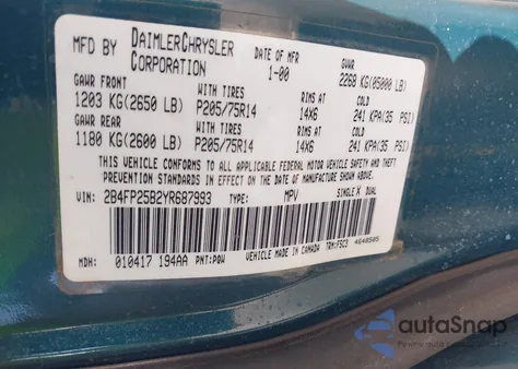 2000 Dodge Caravan z USA, uszkodzony, nr VIN 2B4FP25B2YR687993